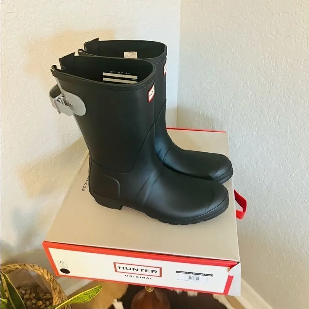 HUNTER Original Short Back Adjustable Rain Boot, BLACK GRAY Size 8 9 10 & 11 NWT